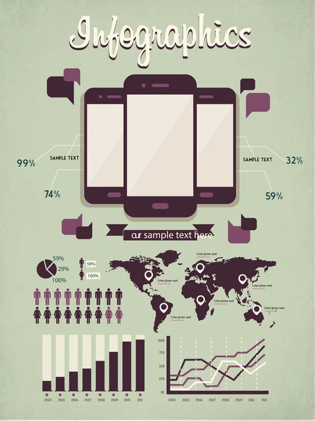 Infographic elementen voor uw documenten en rapporten met drie glanzende touchscreen mobiele telefoons — Stockvector