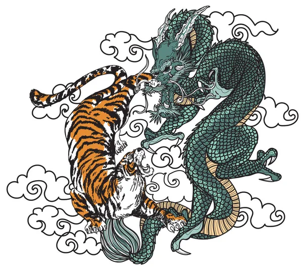 Τατουάζ Τέχνης Τίγρης Και Dargon Χέρι Σχέδιο Και Σκίτσο — Διανυσματικό Αρχείο