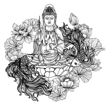 Dövme sanatı rahibi tasarımı ve balık eli çizimi ve çizimi