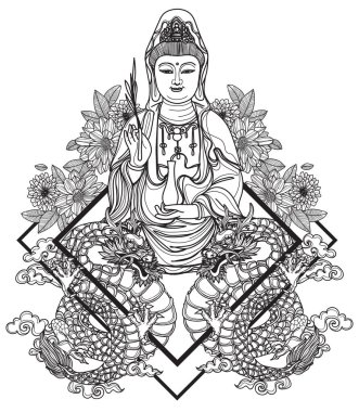 Dövme sanatı rahibi tasarımı ve ejderha eli çizimi ve çizimi