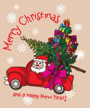 Mutlu noeller Noel Baba arabada ve Noel ağacı hediye paketi çizerken.