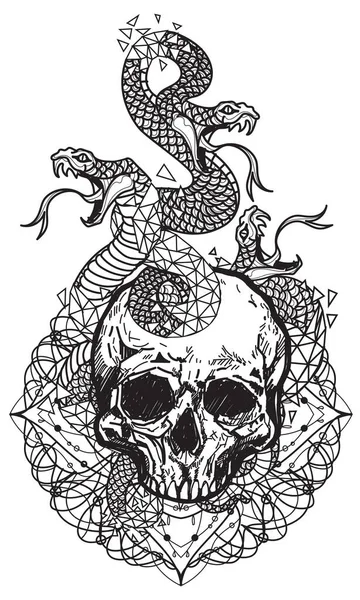 Tatuaje Arte Serpiente Calavera Patrón Dibujo Boceto Blanco Negro — Archivo Imágenes Vectoriales