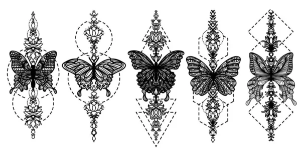 Tatuaje Arte Conjunto Mariposa Boceto Blanco Negro — Vector de stock