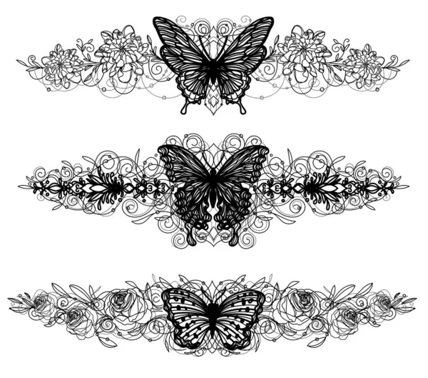 纹身蝴蝶和花朵素描黑白相间 — 图库矢量图片