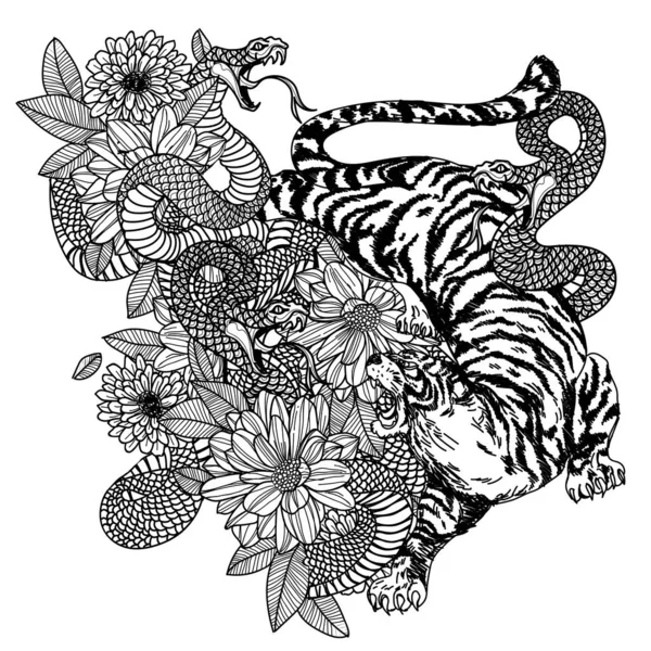 Tatuaje Arte Serpiente Dargon Dibujo Mano Boceto Blanco Negro — Vector de stock