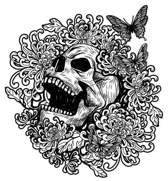 Calavera Tatuaje Arte Con Flores Mariposa Dibujo Boceto Blanco Negro — Vector de stock