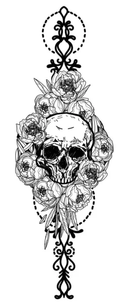 Lebka Tetování Umění Květinami Kresba Skica Černá Bílá — Stockový vektor