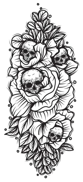 入れ墨アート頭蓋骨と花の手の絵とスケッチ黒と白 — ストックベクタ