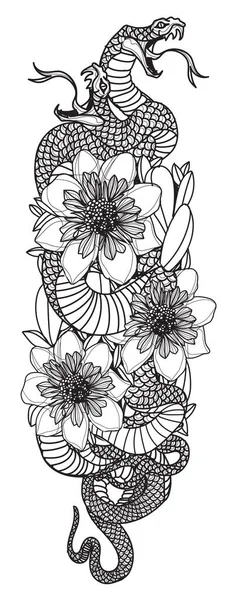 Tatuaje Arte Serpiente Flor Dibujo Boceto Blanco Negro — Vector de stock