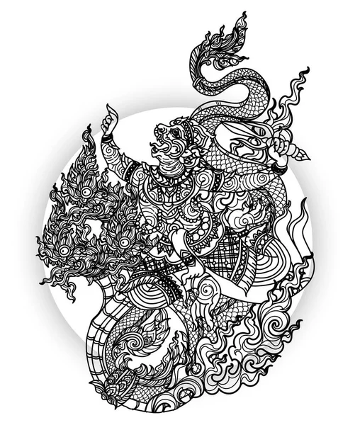 Tatuaje Arte Tailandés Mono Tailandés Patrón Dragón Literatura Dibujo Mano — Vector de stock