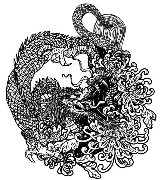 Tatuaje Arte Dragón China Flor Dibujo Boceto Blanco Negro — Vector de stock