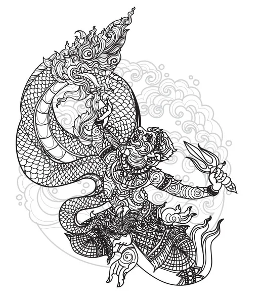 Tatouage Art Thaï Singe Thaï Dragon Motif Littérature Dessin Main — Image vectorielle