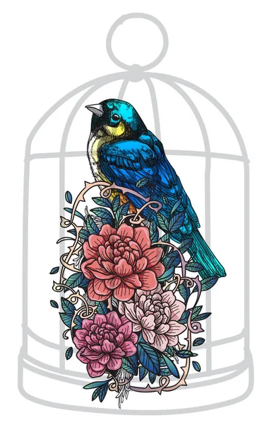 檻の中の入れ墨アートスケッチ鳥の花 — ストックベクタ
