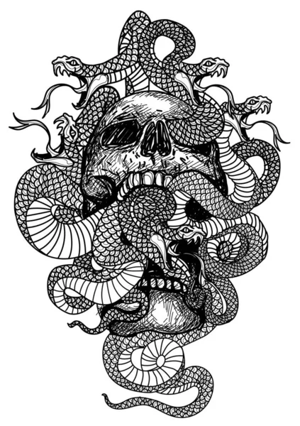 Tatuaje Arte Cráneo Serpiente Mano Dibujo Boceto — Archivo Imágenes Vectoriales