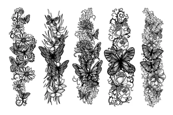 纹身艺术设置蝴蝶和花卉素描黑白分明 — 图库矢量图片