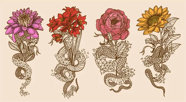 Татуировка Искусства Змея Цветочный Рисунок Эскиз Цвета Винтажа — стоковый вектор