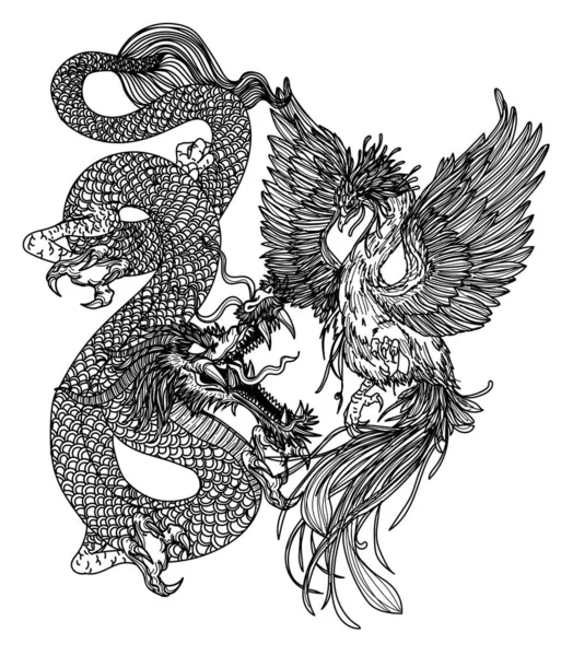 Tatuaje Arte Dargon Cisne China Dibujo Mano Boceto Blanco Negro — Vector de stock