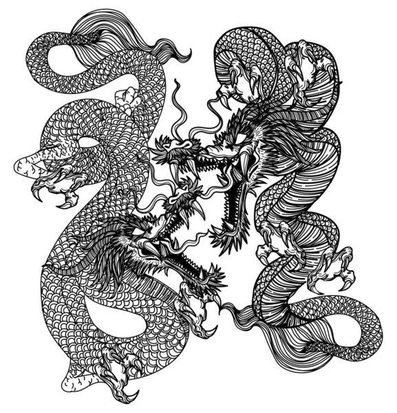 Татуировка Искусства Дракона Руки Летать Рисовать Эскиз Черно Белый — стоковый вектор