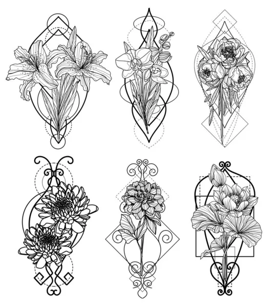 Цветы Татуировки Нарисуют Черно Белый Рисунок — стоковый вектор