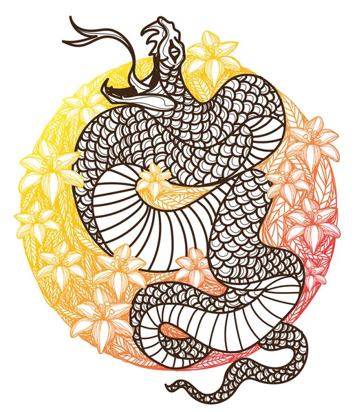 Татуировка Искусства Змея Цветочный Рисунок Эскиз Цвета Винтажа — стоковый вектор