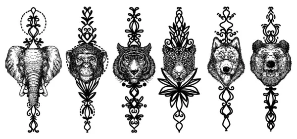 Tatuaż Sztuka Wilk Małpa Tygrys Słoń Ręka Rysunek Szkic Czarny — Wektor stockowy