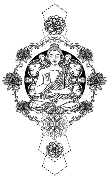 Tatuaż Sztuka Budda Tajski Projekt Strony Rysunek Szkic — Wektor stockowy