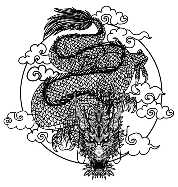 タトゥーアートドラゴン中国フライ手描きとスケッチ黒と白 — ストックベクタ