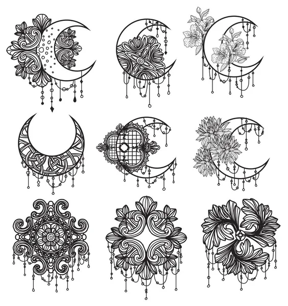 Tatuaggio Arte Grafica Luna Disegno Schizzo Bianco Nero — Vettoriale Stock