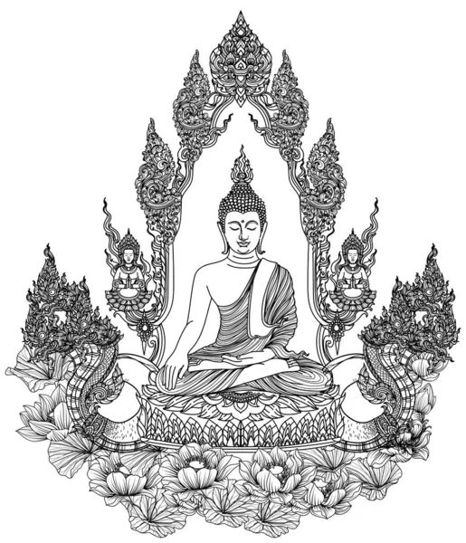 Seni Tato Buddha Thai Desain Gambar Tangan Dan Sketsa - Stok Vektor