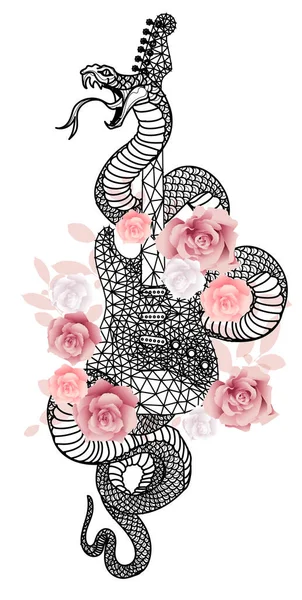 Tattoo Art Snake Guitar Flowers Pattern Drawing Sketch Black White — Stock Vector