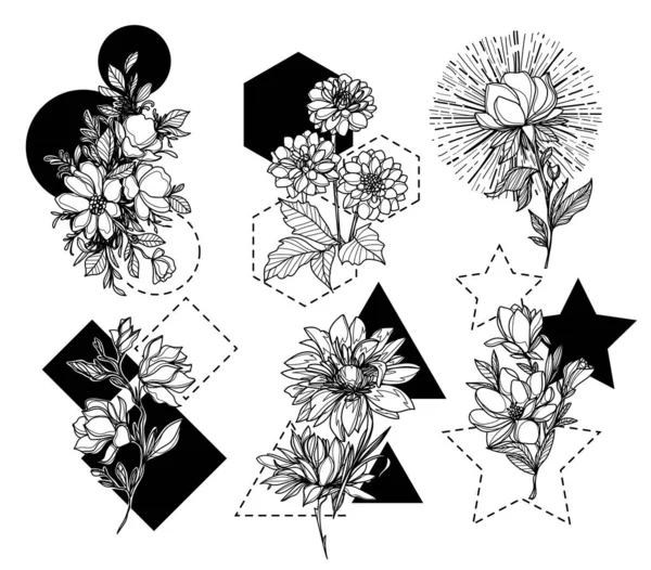 Conjunto Flores Bosquejo Mano Dibujo Blanco Negro — Vector de stock