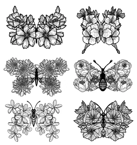 Tattoo Art Set Schmetterling Mit Blütenflügeln Skizze Schwarz Weiß — Stockvektor