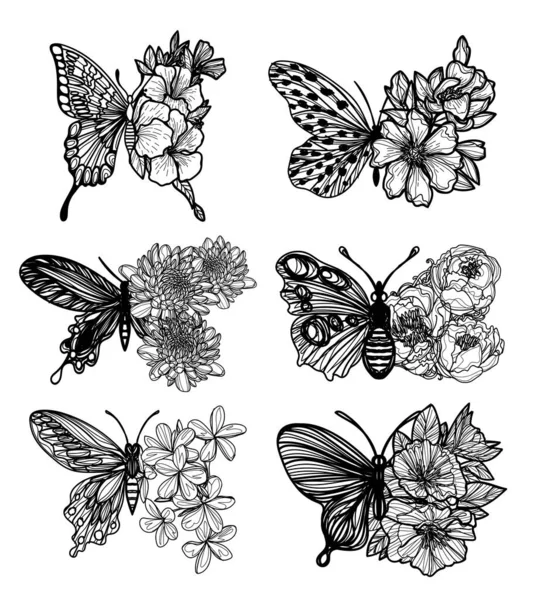 Tatuaż Sztuka Zestaw Skrzydła Motyl Jak Kwiaty Szkic Czarny Biały — Wektor stockowy