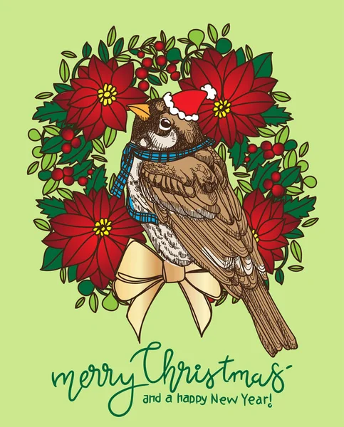 圣诞快乐的小鸟戴上圣诞帽 手绘围巾 — 图库矢量图片