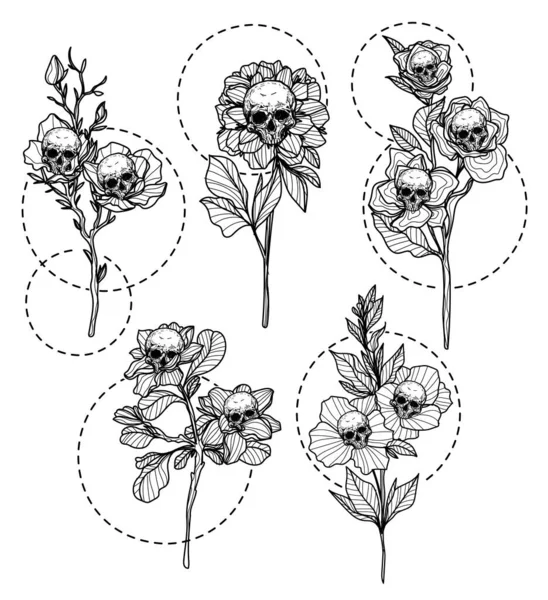 Татуировка Набор Череп Цветок Руки Рисунок Эскиз Черно Белый — стоковый вектор