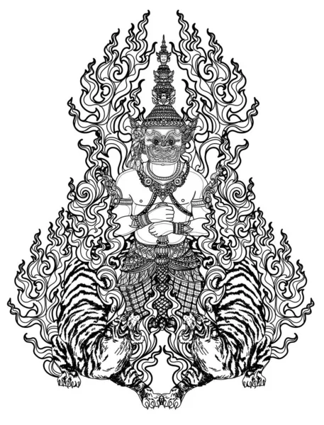 Tatuaż Sztuka Tajski Olbrzym Tygrys Wzór Literatura Ręka Rysunek Szkic — Wektor stockowy