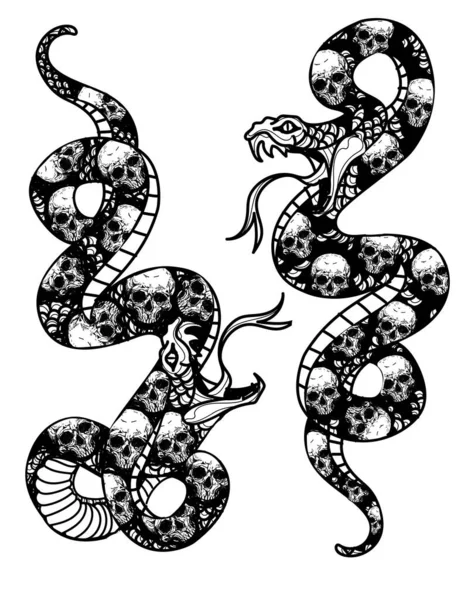 Tattoo Art Snake Skull Pattern Drawing Sketch Black White — Stock Vector
