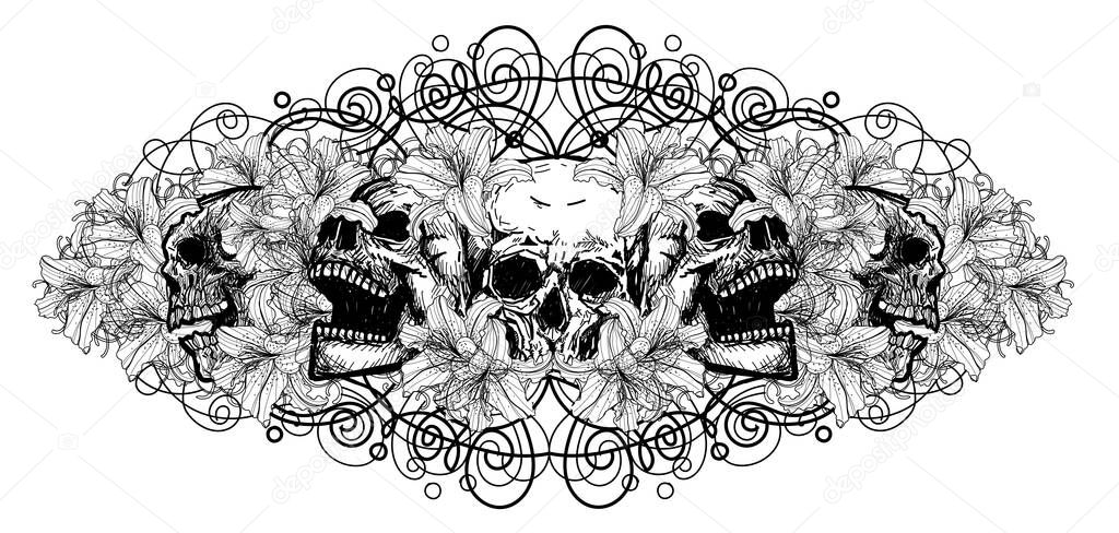 skull art tattoo flowers sketch black and white