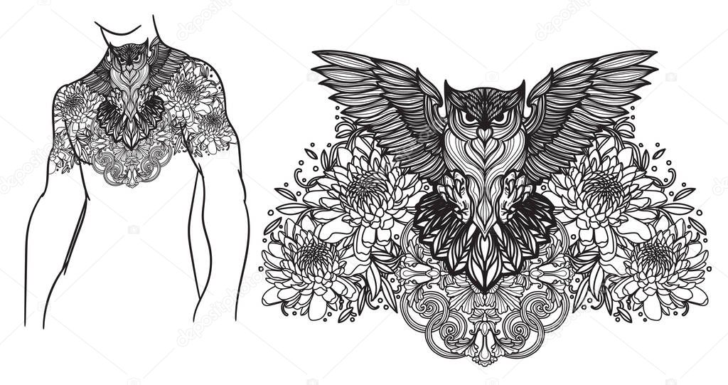 Tattoo art owl and flower hand drawing sketch black and white