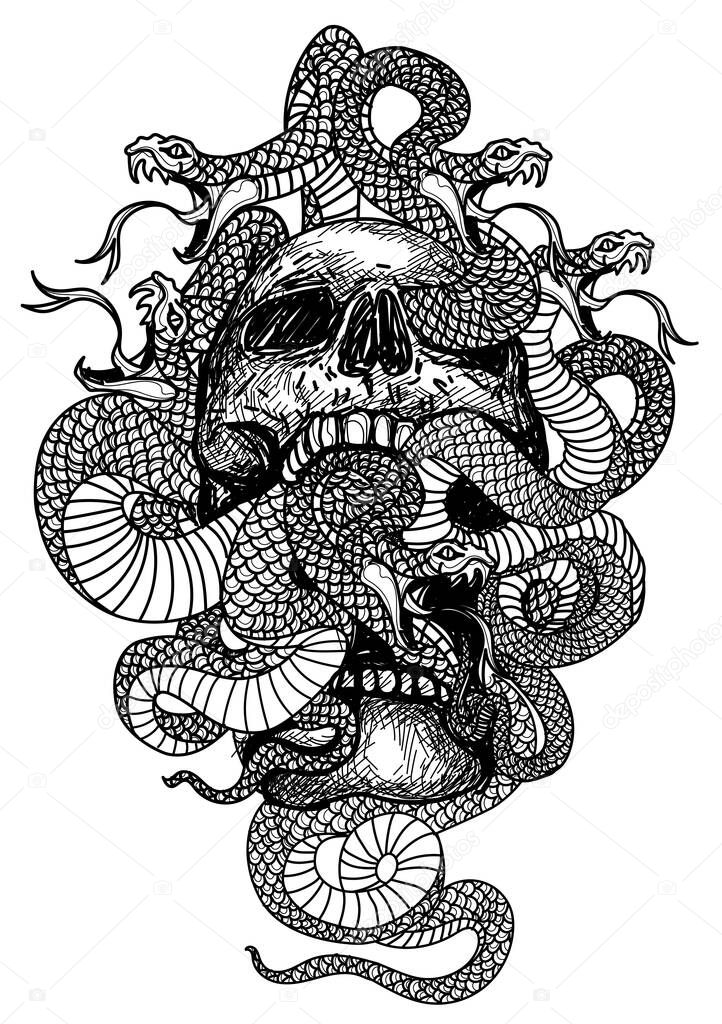 Tattoo art skull and snake hand drawing and sketch