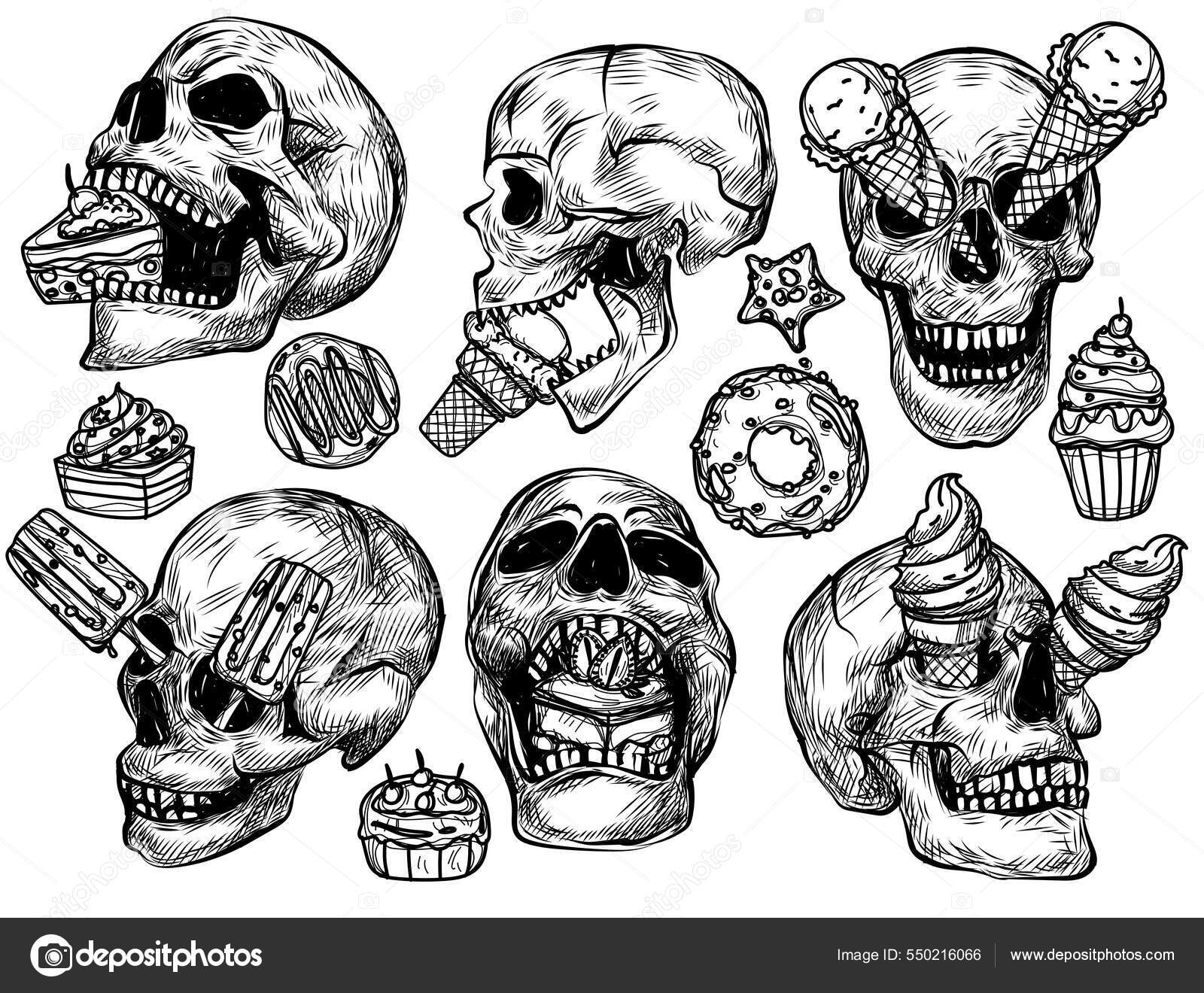 Tätowierkunst Totenkopf Eis Handzeichnung Und Skizze Schwarz Weiß  Stock-Vektorbild von ©stockphotopluak 550216066, image size:1600x1320