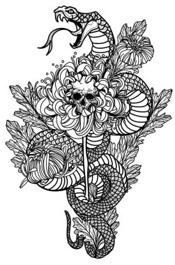 Dövme sanat Snak ve çiçek çizim ve eskiz siyah ve beyaz