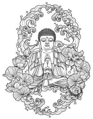 Lotus el çizimi ve çizimi üzerine dövme sanatı Buddha tasarımı