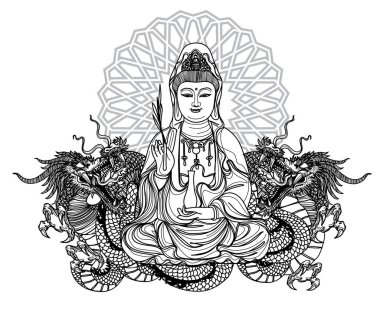 Tattoo art guan yin Çin tasarımı ve ejderha eli çizimi ve çizimi