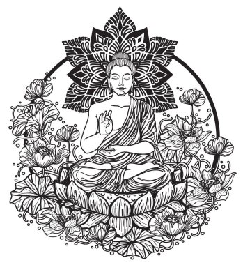 Lotus el çizimi ve çizimi üzerine dövme sanat budha