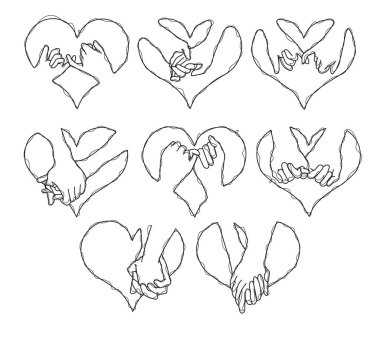 Dövme sanatının el ele tutuşması ve beyaz arkaplanda izole edilmiş çizgiler..