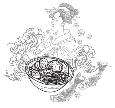 Modern stil restoran illüstrasyonunda Japon esinlenilmiş bir poster..