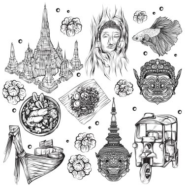 Tayland el çizimi ve beyaz arkaplanda çizgi sanatı olan siyah beyaz çizim.