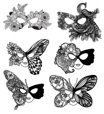 Mardi Gras siyah beyaz arkaplan çiziyor ve çiziyor.