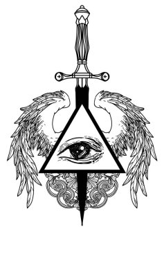 Dövme sanatı göz çizimi beyaz arka planda siyah beyaz.